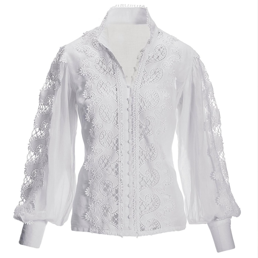 Boston Proper Lace Inset Sleeve Shirt XS Size White WOW TOP - Picture 2 of 7